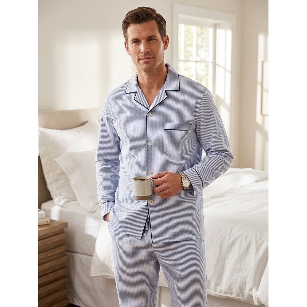 Brooks Brothers Seersucker Pajama Set Blue White Stripe Minimalist Old Money M